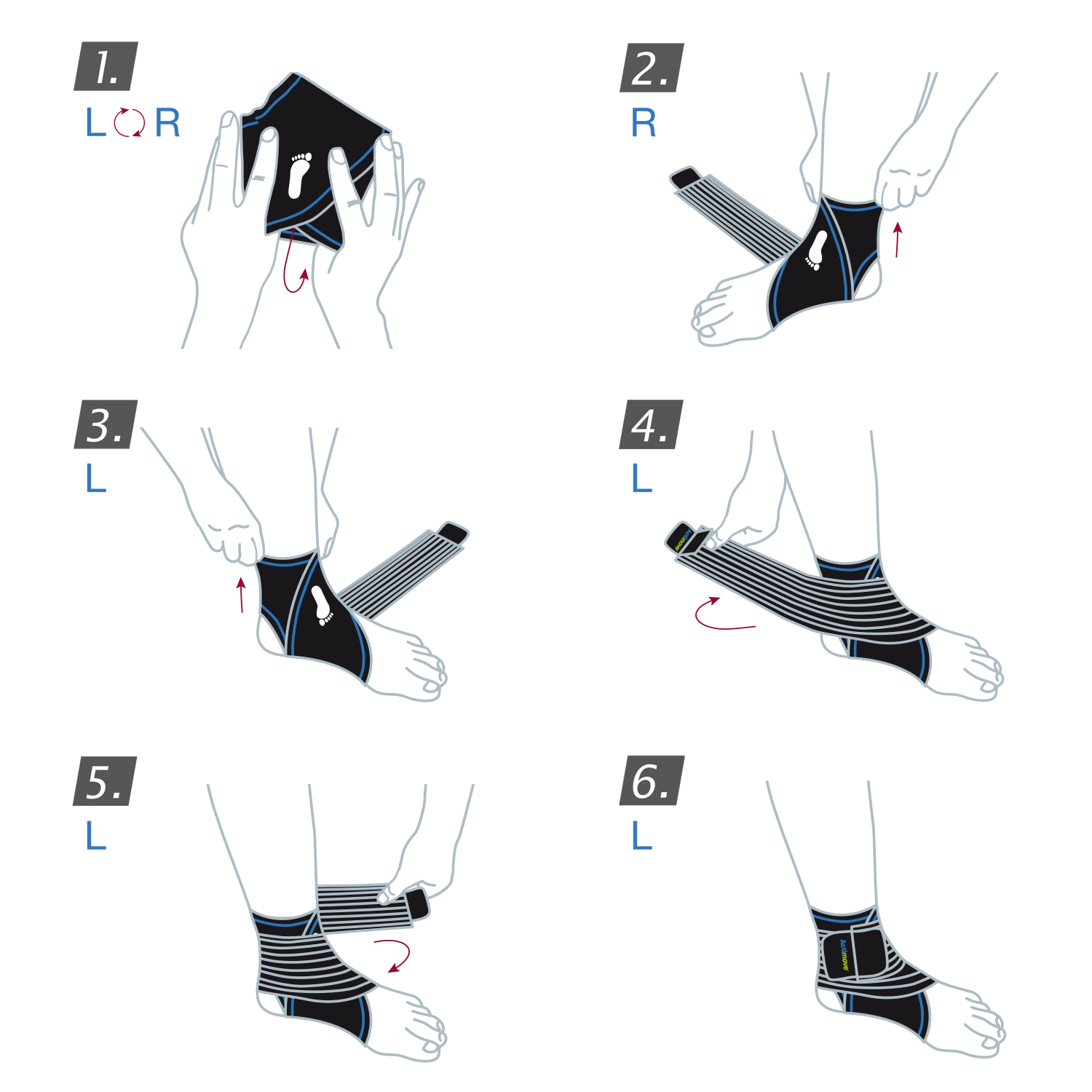 Come indossare la cavigliera con fascia regolabile Actimove Sports Edition: stringere la cavigliera attorno alla caviglia e chiudere le cinghie
 Come indossare la cavigliera con fascia regolabile Actimove Sports Edition: stringere la cavigliera attorno alla caviglia e chiudere le cinghie